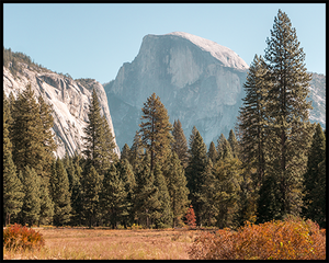 Half Dome in Yosemite National Park captured from Cook's Meadow. This poster features soft tones such as blue, orange and green.