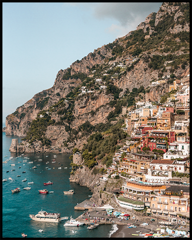 Summer in Positano (Italy) Poster overlooking the hill-top houses, blue sky and clear water.