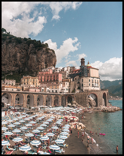 Poster featuring colorful umbrellas at the beach in Atrani (Italy) on a sunny summer day. 
